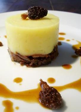 parmentier with hazelnut oil and duck confit with morel mushrooms